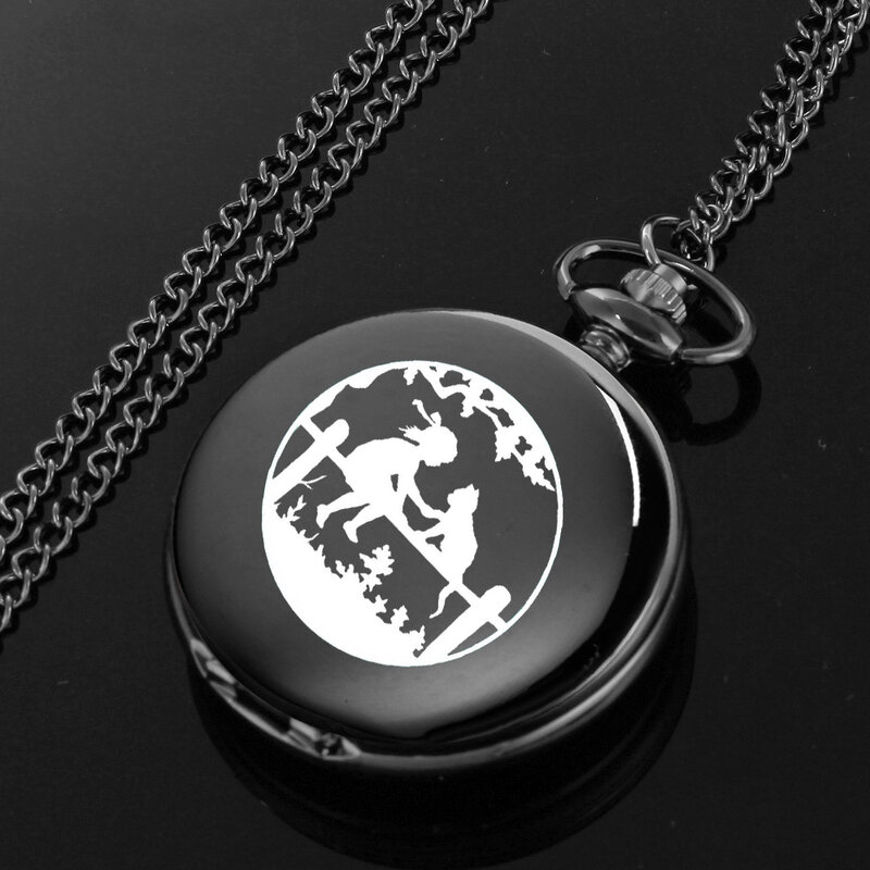 Reloj de bolsillo con alfabeto inglés para niña y gato, reloj de cuarzo negro con cadena, regalo perfecto