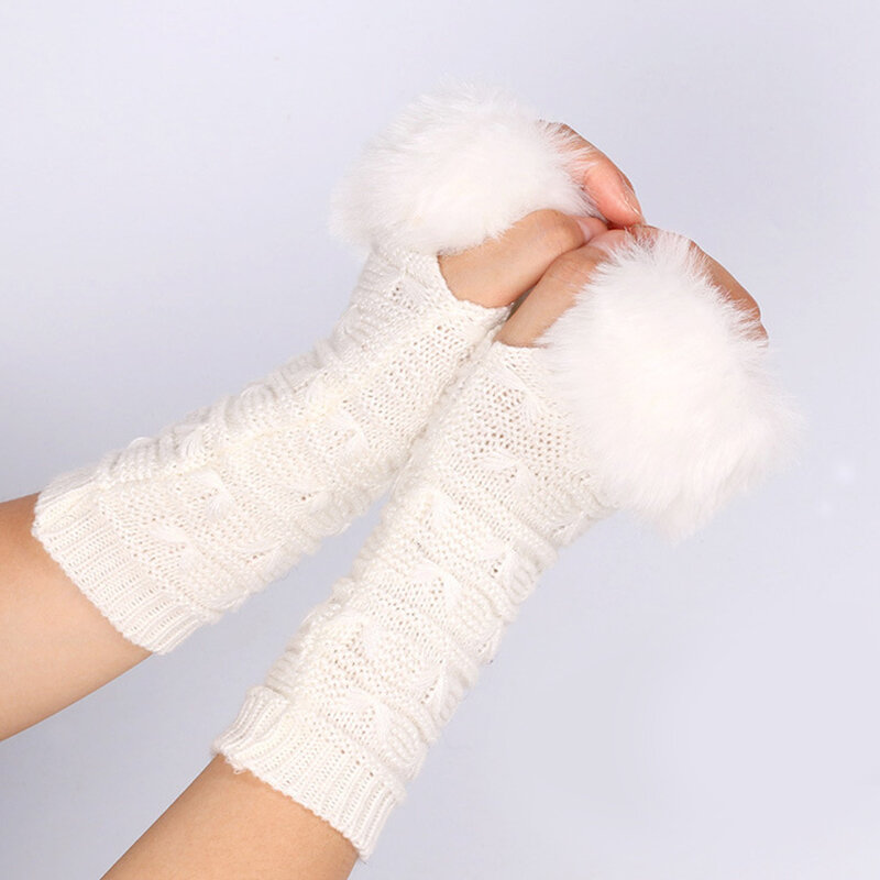 ถุงมือขนสัตว์เทียมแบบถักสำหรับผู้หญิง, ถุงมือครึ่งนิ้วนุ่มฟูเซ็กซี่ถุงมือครึ่งนิ้วข้อมือ