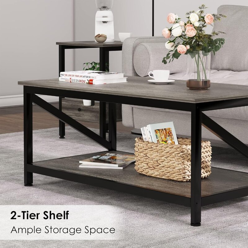 Meja kopi 2-tier dengan rak penyimpanan 39-inci meja kopi Farmhouse untuk digunakan di ruang keluarga dan apartemen meja ruang duduk