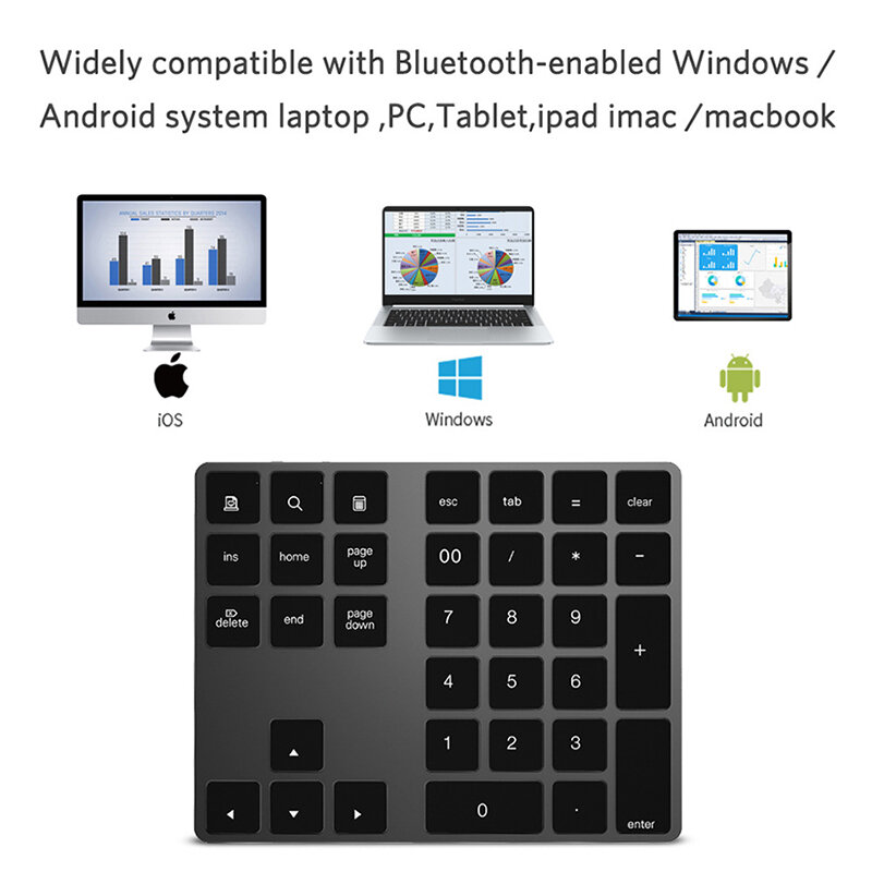 Almofada Numérica compatível com Bluetooth, Teclado Numérico Sem Fio Recarregável USB de Alumínio Numpad para iOS Android PC Tablet Laptop