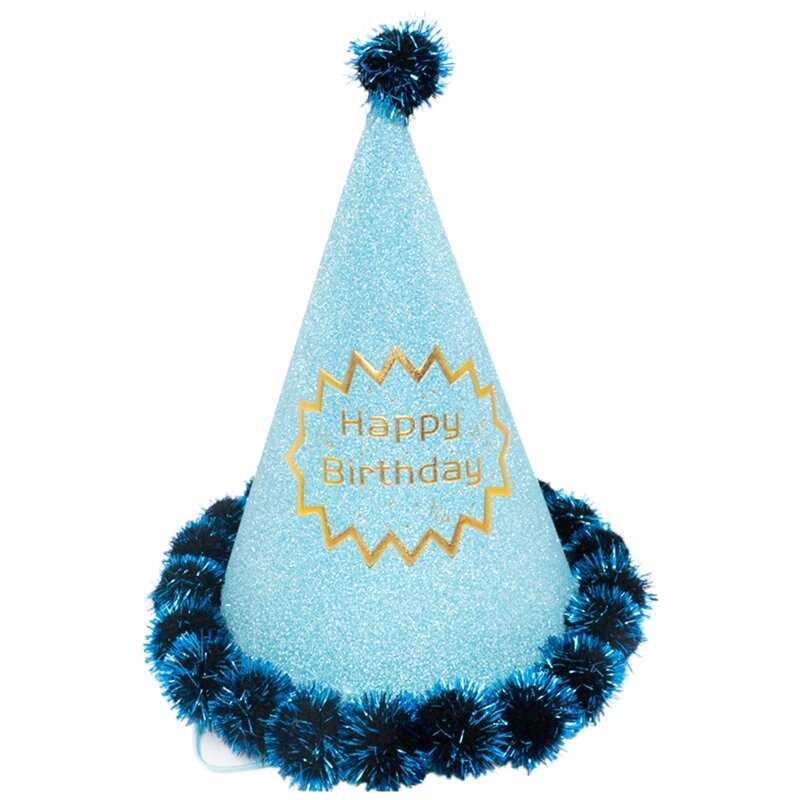 Pom Poms 탄성 코드가 있는 생일 콘 모자 생일 크라운 종이 파티 모자