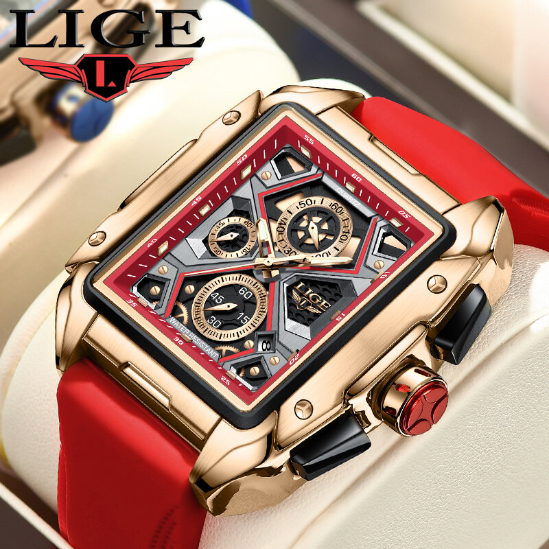 LIGE 남성용 럭셔리 쿼츠 손목시계, 큰 시계, 스포츠 패션, 빨간색 고무 스트랩 시계, 멋진 30m 방수 스켈레톤 시계