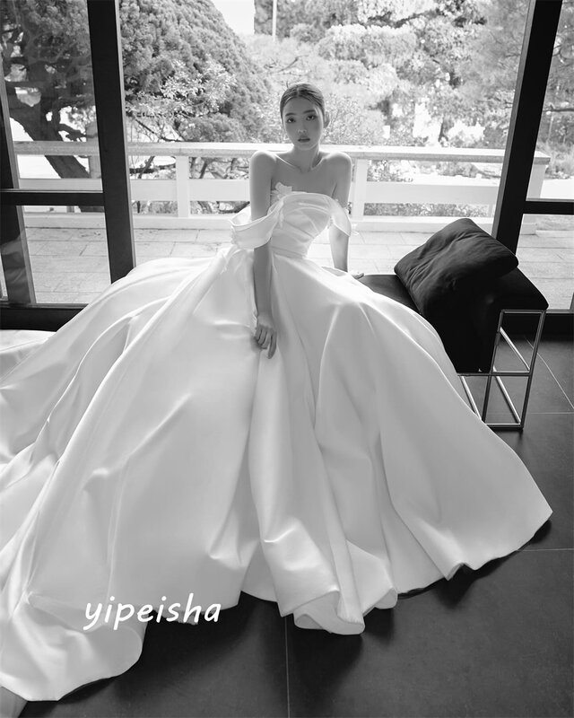 Vestido de baile de fiesta de boda con hombros descubiertos, faldas de cepillo, vestidos de noche Charmeuse, moda Simple de Corea