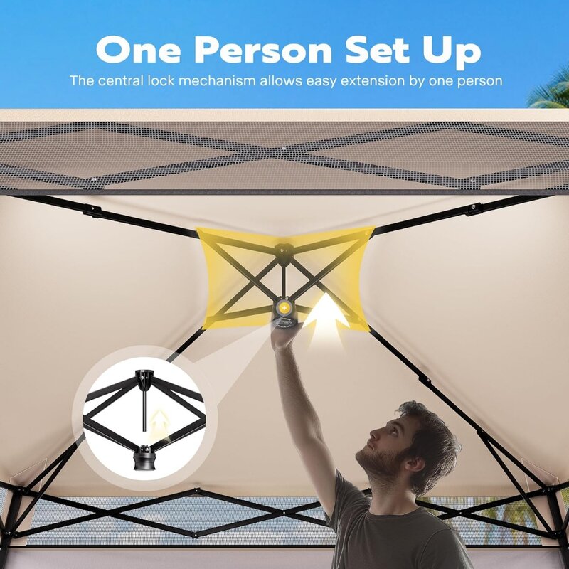 Tenda kanopi Pop-Up 8X8 kaki, dengan desain kunci pusat, kaki miring, ransel, dan dinding samping, perlindungan portabel untuk berkemah