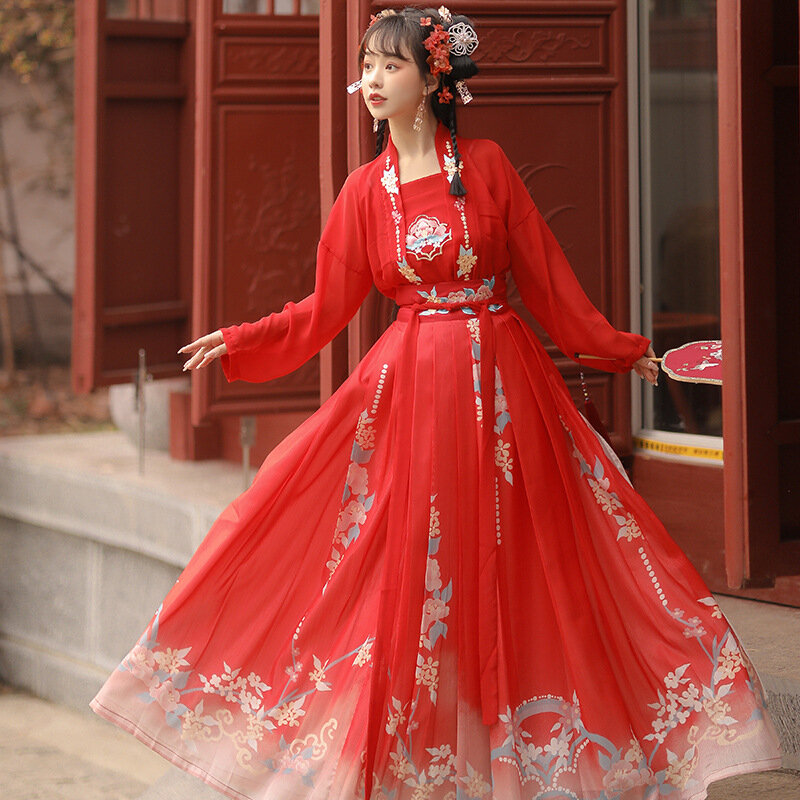 أزياء أصلية على طراز Hanfu مع تطريز وردي ، وأكمام طويلة ، وتنورة كيالخصر ، ونضح سلالة أغنية ، مستوحاة من السحر القديم