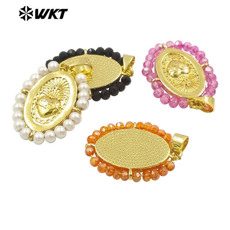 Colar de ouro com forma oval para mulheres, medalha religiosa jóias, novo e design primavera, 10 unid, WT-MN993, 2024