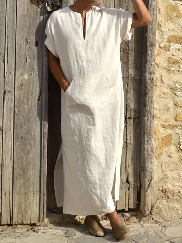 Мужской халат в мусульманском стиле новинка мужской простой однотонный универсальный маленький льняной Jubba Thobe с V-образным вырезом удобный халат с коротким рукавом