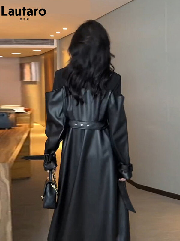 Lautaro-gabardina larga de cuero sintético para mujer, abrigo holgado de doble botonadura con retales negros, ropa de diseñador de lujo, Otoño, 2023