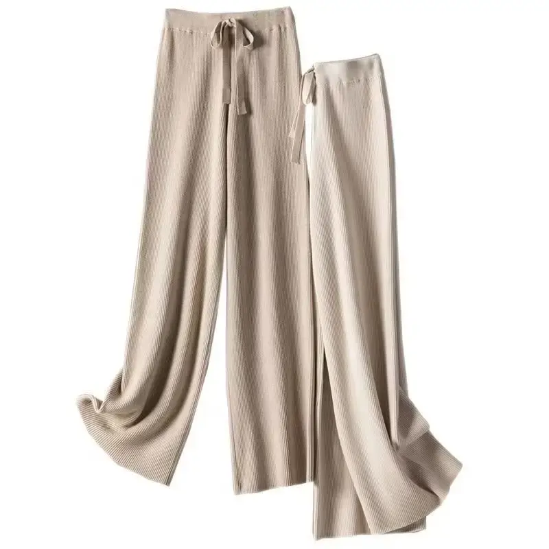 Pantalon chaud ample à jambes larges pour femme, pantalon tricoté élastique doux, pantalon décontracté traînant haut audifloor, blanc, automne et hiver