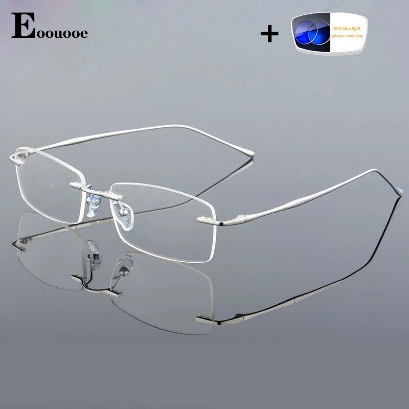 Óculos sem aro titânio miopia prescrição masculina óculos anti luz azul lentes progressivas lentes fotocromáticas óptica