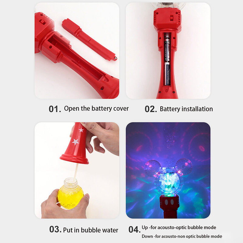 Máquina de burbujas eléctrica de ratón de dibujos animados para niños, palo de burbujas de jabón automático con luz LED, juguetes de fiesta al aire libre, regalos para niños