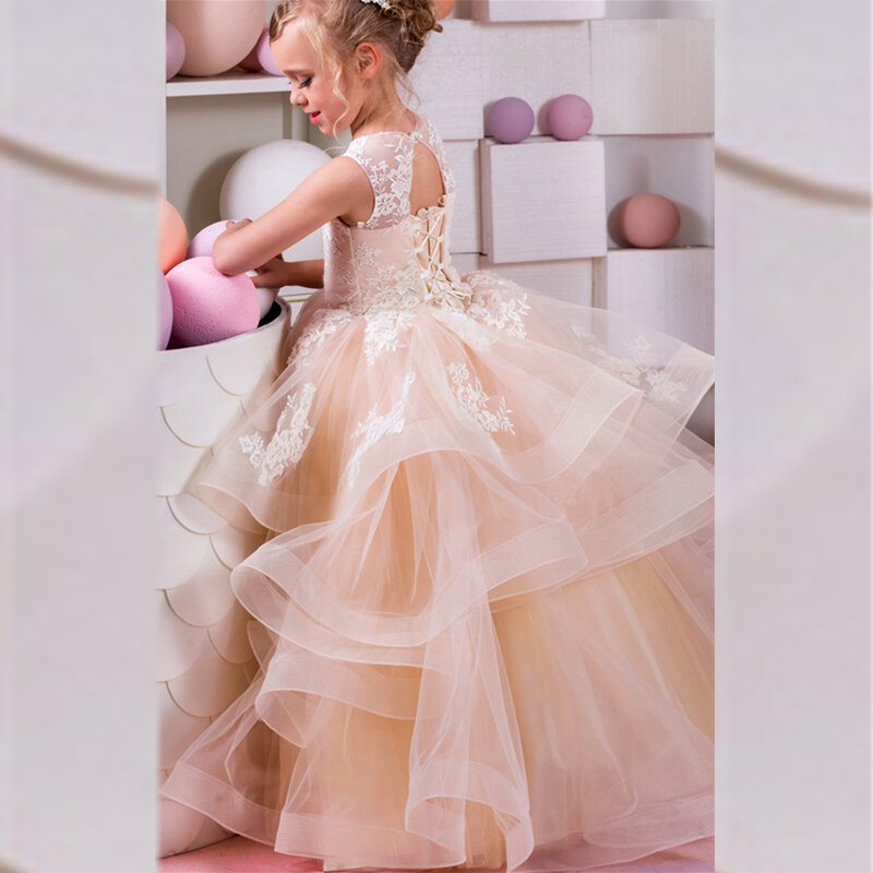 Bez rękawów warstwowe aplikacje koronkowe dziewczęca sukienka w kwiaty bufiasty tiul chrzest suknia księżniczki suknia na przyjęcie weselne urodziny dla dzieci