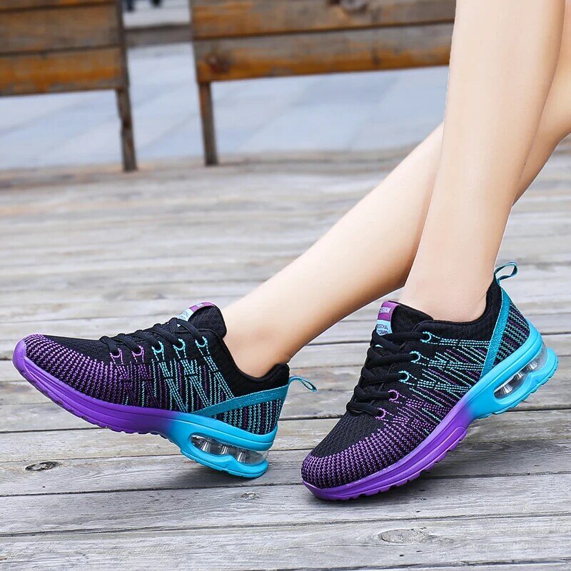 Chaussures de sport et mode pour femme, running, sneakers en maille confortables et respirantes, avec coussin d'air, lacets, pour course à pied et extérieur