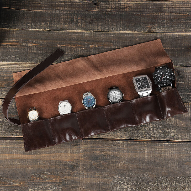 Caja de rollo de reloj de alta gama de 6 ranuras, caja de reloj de cuero con cera de aceite de terciopelo, empaquetada A mano con un organizador portátil de reloj de pulsera de viaje