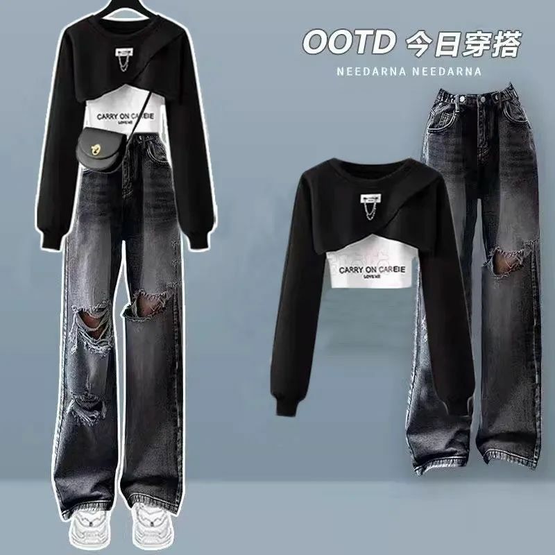 Dames Set Herfst Koreaanse Mode Lange Mouwen Top Gelaagde Ophangbandjes + Geperforeerde Jeans Driedelige Set Trendy
