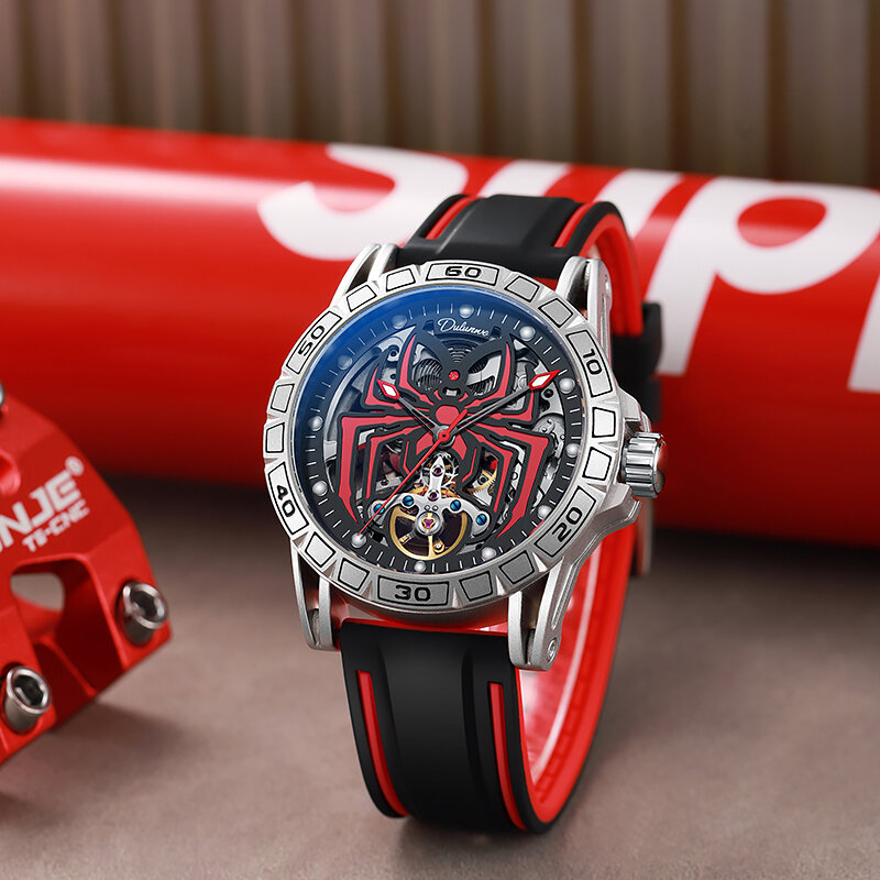 Spider jam tangan bercahaya pria, arloji merek terkenal Skeleton otomatis, tahan air reloj hombre