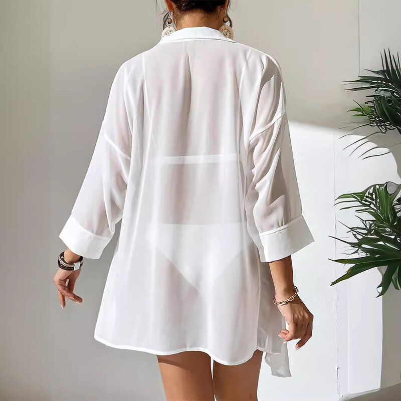Shirts Swimwear Holiday Long Sleeve Chiffon Utra-thin White Swimwear Beach Dress Beach Shirt Bikini Cover-up Comfy
