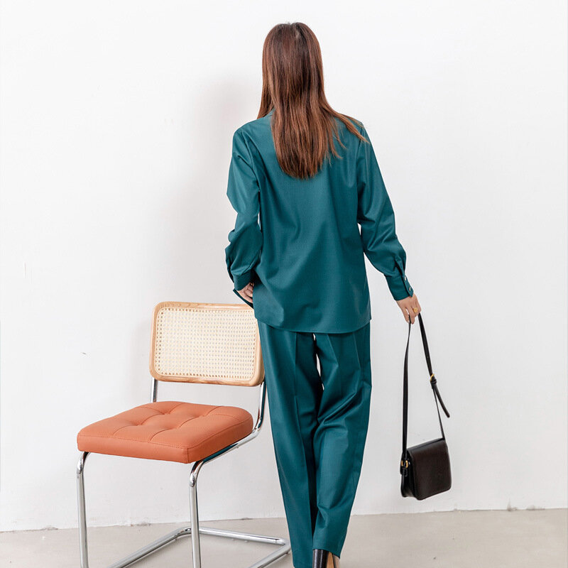 กางเกงแฟชั่น2023ใส่ทำงานขายาวสำหรับผู้หญิงกางเกงลำลองเอวสูงกว้างขนาดใหญ่สีเขียวออฟไวท์