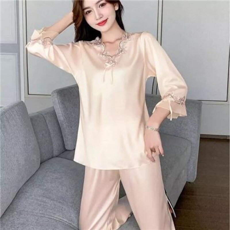 Ice Silk Nightdress Woman Two-piece Lace V-neck Sex Appeal Spring and Summer Long Sleeve Artificial Silk Pajamas for Women