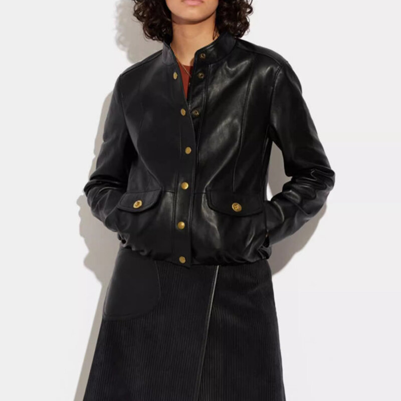 Женская Осенняя куртка из натуральной кожи, короткое пальто, женское элегантное пальто с круглым вырезом и длинным рукавом, модные повседневные Универсальные женские топы TF377