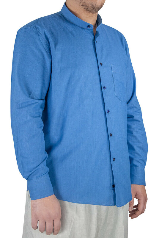 Iqrah luxo tripulação pescoço verão camisa de linho azul