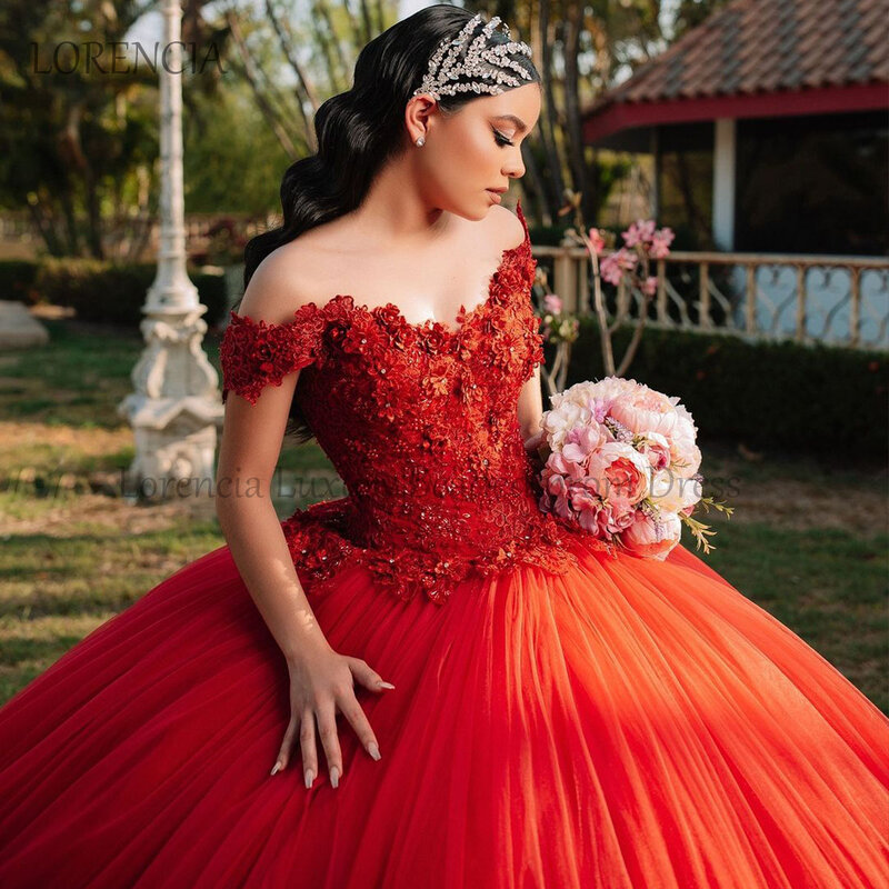 Vestido Quinceanera vermelho fora do ombro, vestido de baile, sem mangas, espartilho de renda, flores 3D, 16, 15 anos