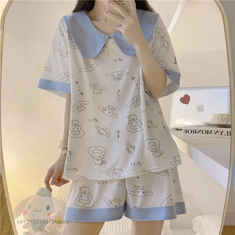 Sanrio camisola dos desenhos animados cinnamoroll 2 peça conjunto feminino pijamas terno roupas de verão em casa y2k topos shorts estilo coreano pijamas