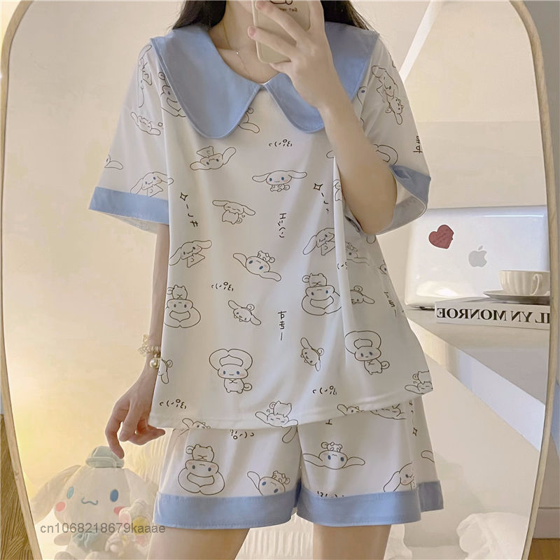 Sanrio Nightdress Kartun Cinnamoroll Set 2 Piece Piyama Wanita Setelan Musim Panas Pakaian Rumah Y2k Atasan Celana Pendek Pakaian Tidur Gaya Korea