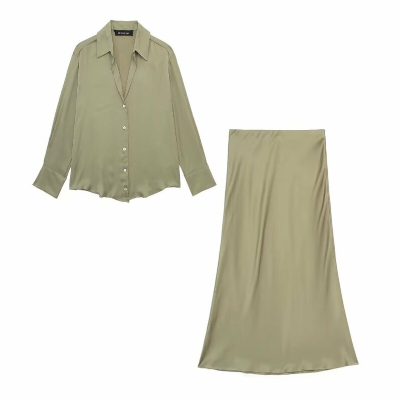 Camisa de cetim feminina com saia, blusa midi, elegante e chique feminina, terno de duas peças, nova moda, verão, 2024