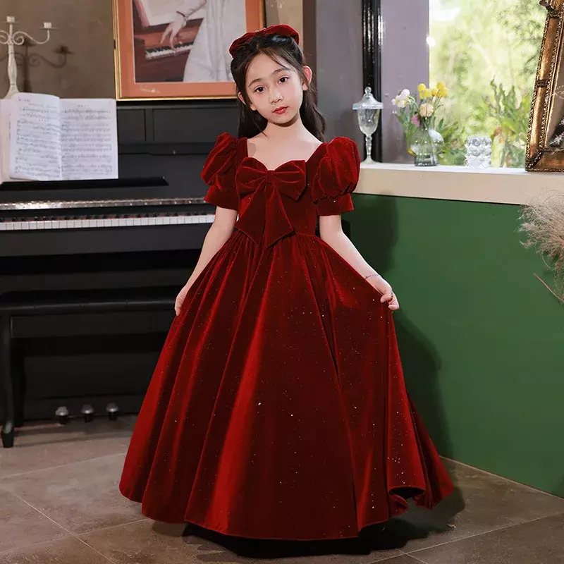 2024 Prom Elegant Dress for Girls Children Red Velvet Long Evening Dresses Kid Luxury Flower Clothes Ball Gown Teens Partywear