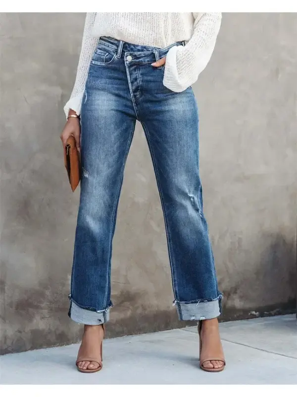2024 Nieuwe Hoge Taille Knoop Splicing Straight Jeans Vrouwen Mode Urban Casual Forenzenbroek Denim Broek Dames Gebroken Gaten Broek