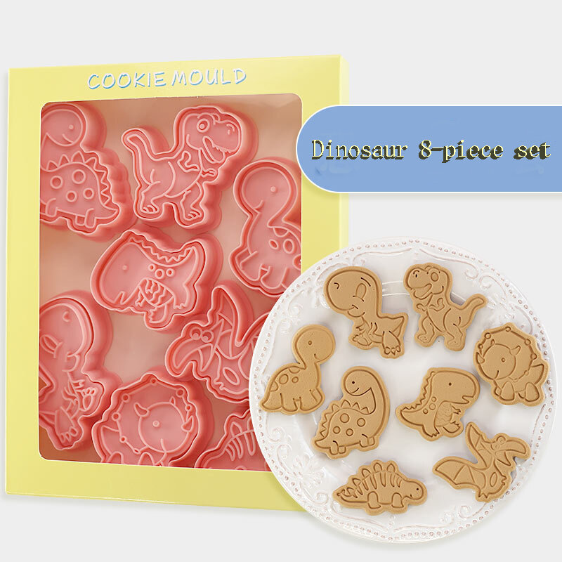 8 Stks/set Dinosaurus Vorm Cookie Cutters Plastic 3D Cartoon Pressable Biscuit Mold Cookie Stamp Keuken Bakken Gebak Bakvormen