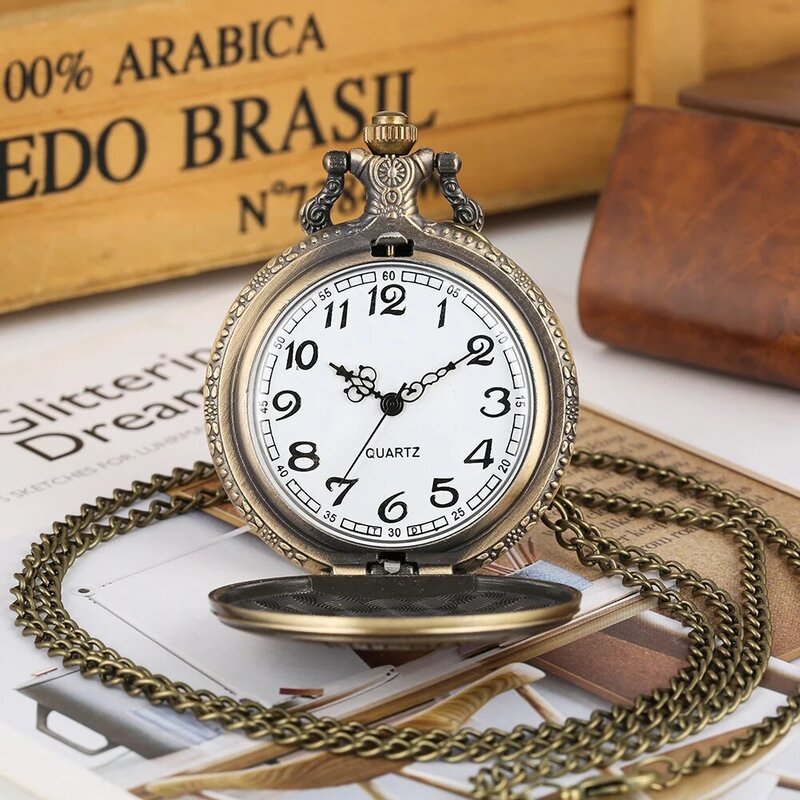 남녀공용 청동 잎 풀 헌터 쿼츠 목걸이 포켓 시계 선물, 아라비아 숫자 다이얼 펜던트, 체인 포함 포켓 시계