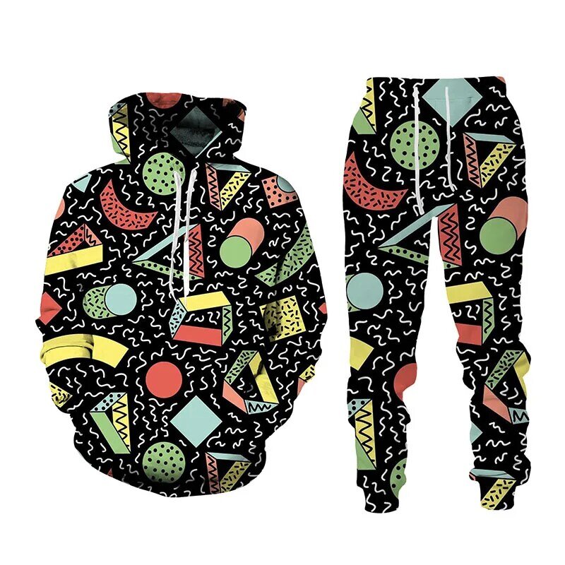 Geometria densa padrão impressão conjunto de treino homem mulher hoodie + calças 2 pçs define hip hop tendência casual pulôver de grandes dimensões streetwear