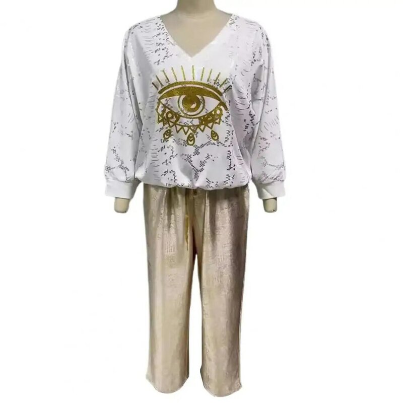 Conjunto de pantalones de pierna ancha con estampado de ojos para mujer, Top con cuello en V, camiseta con cordón en la cintura, detalle bronceador