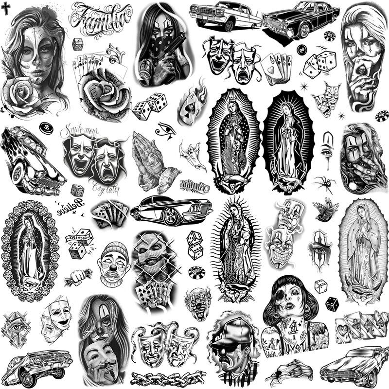 Chicano bandit mexiko temporäre tattoos für männer frauen gefälschte auto nonne tattoo religion aufkleber realistische zurück wasserdichte tatos