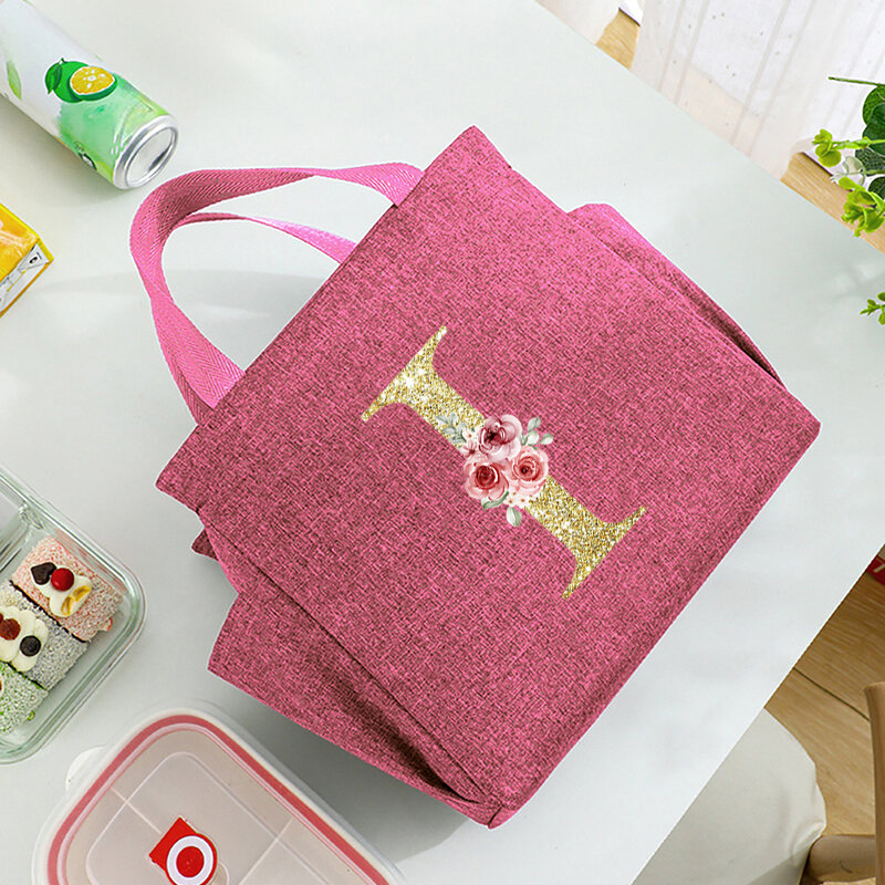 Golden letter Printed Insulated Lunch Bag with Internal Waterproof Cold Insulation Ice Pack Large Capacity Commuting Storage Bag