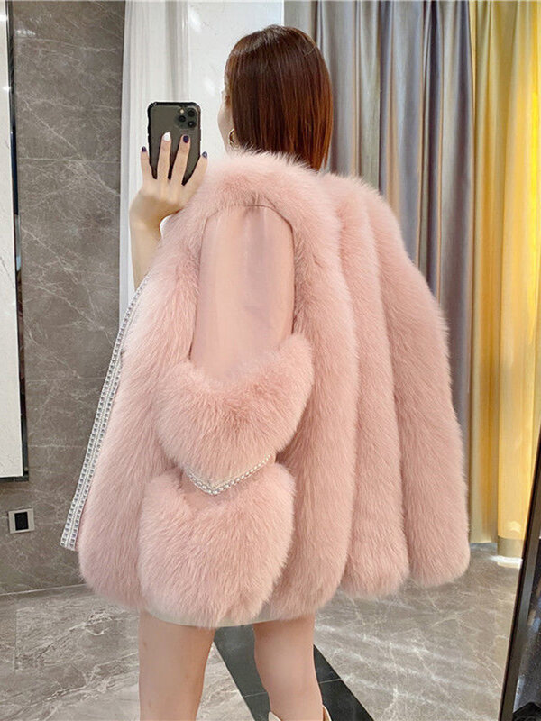 Fur Coat Cardigan Women Top-Quality Leather Patchwork Long Sleeve Jacket Winter Fashion Temperament Thickened Coats for Women