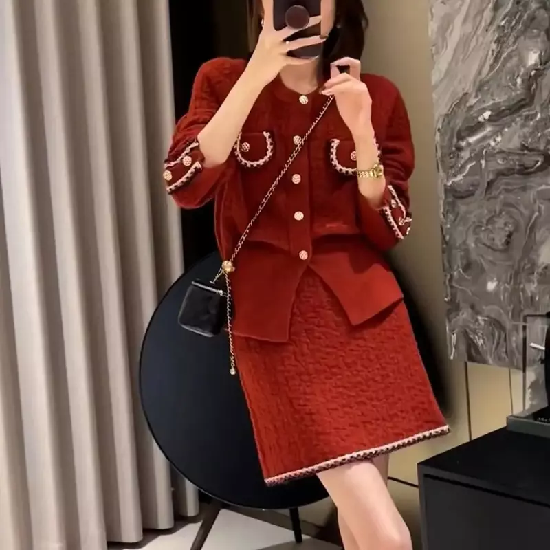 2023 Autumn Winter Knitted Two Piece Sets Womens Office Lady Long Sleeve Knitted Cardigan Sweater High Waist Skirt Suit Women's
