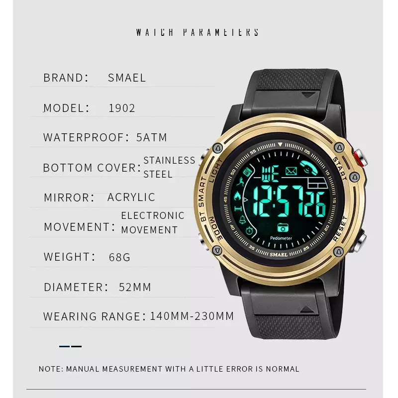 Часы SMAEL Мужские Цифровые, спортивные брендовые водонепроницаемые в стиле милитари, с Bluetooth, с напоминанием о калориях и телефоне