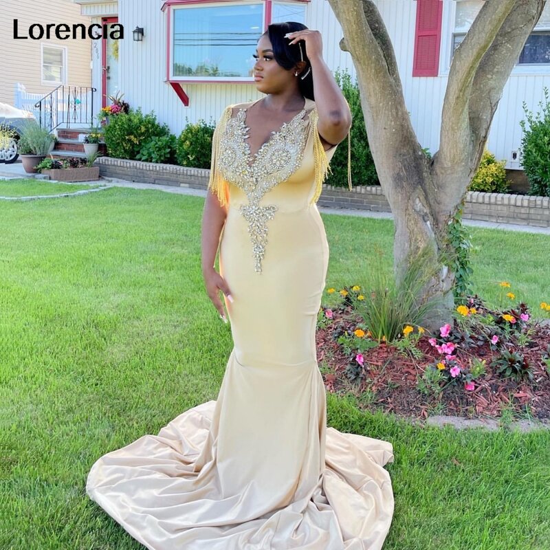 Lorencia Luxury Tassel Mermaid Prom Dress For Black Girls Silver Crystal Beaded Formal Party Gala Gown Vestidos De Festa YPD122