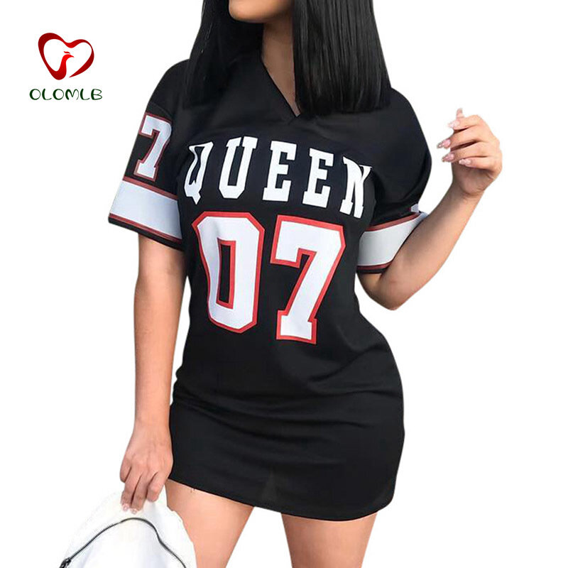 T koszula sukienka kobiety krótka sukienka Hip Hop królowa wydrukowano długa koszulka luźna V Neck seksowna Mini sukienka Camiseta Vestidos