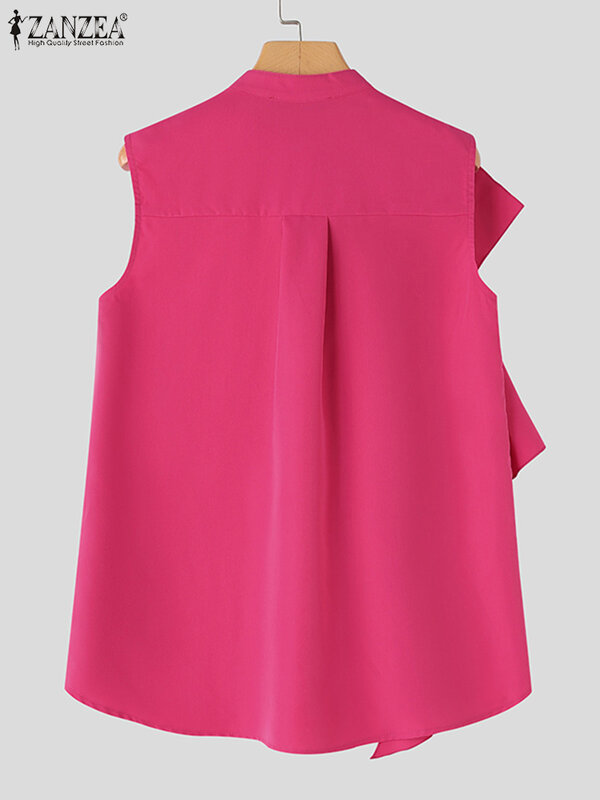 Блузка ZANZEA женская с объемными оборками, модный однотонный топ без рукавов, Офисная рубашка на пуговицах, свободная рубашка для отдыха, лето 2024