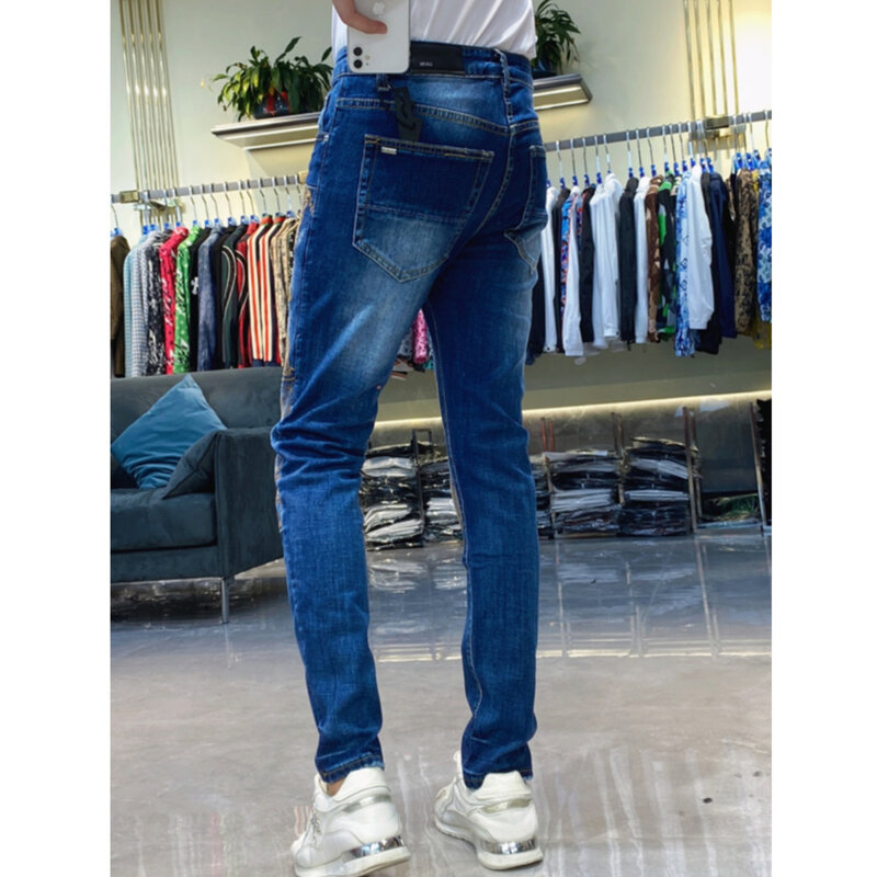 Men's Dedicated Gold Embroidery Front Patch Pants Slim Fit Washed Blue Jeans Stretchable Skinny Fit Party Pantalones Streetwear