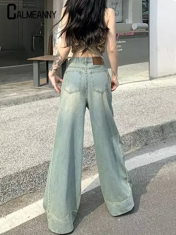 Frauen hosen gerade Jeans mit weitem Bein Harajuku bedruckte Cargo jeans y2k dunkelblau braun Streetwear Baggy Jeans mit hoher Taille