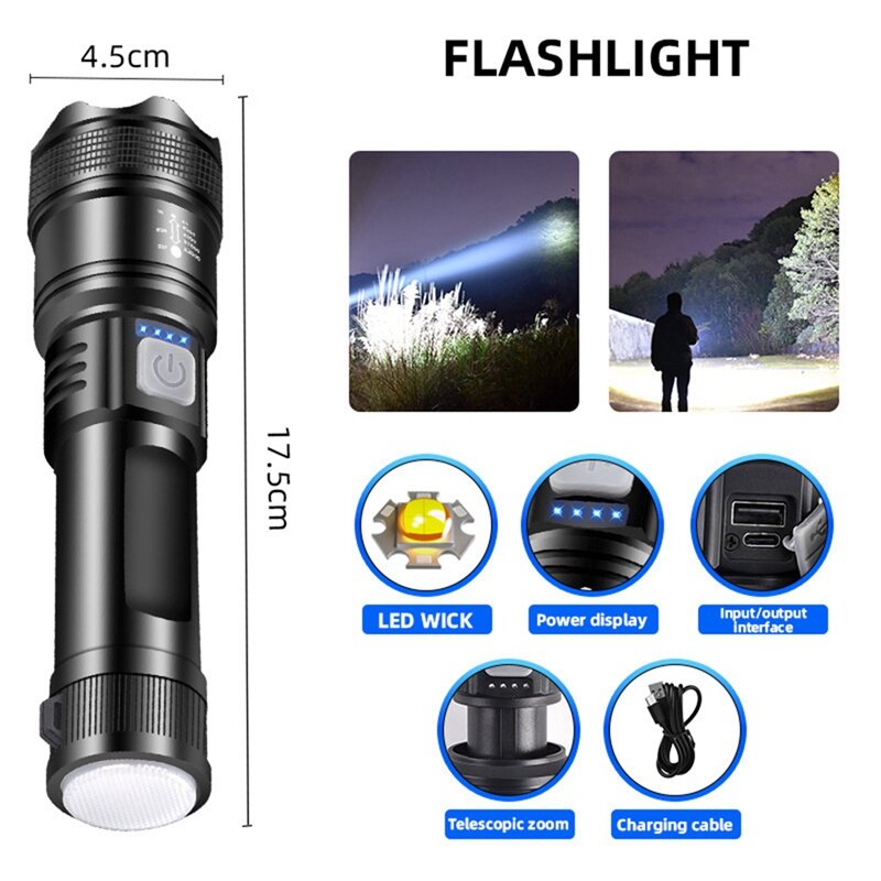 Portable Led Flashlight P70 With Zoom Telescopic Function, Rechargeable Long Lasting Camping Lantern