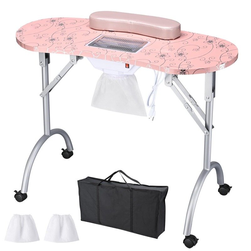 Manicure Nail Table Portable Folding Nail Technician Desk with Built-in Dust Collector & Carry Bag Manicure Table