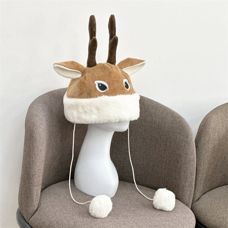 Hat Women's Autumn And Winter Cute Deer Horn Hair Ball Ear Protector Plush Hat Christmas Thickened Lei Feng Riding Hat