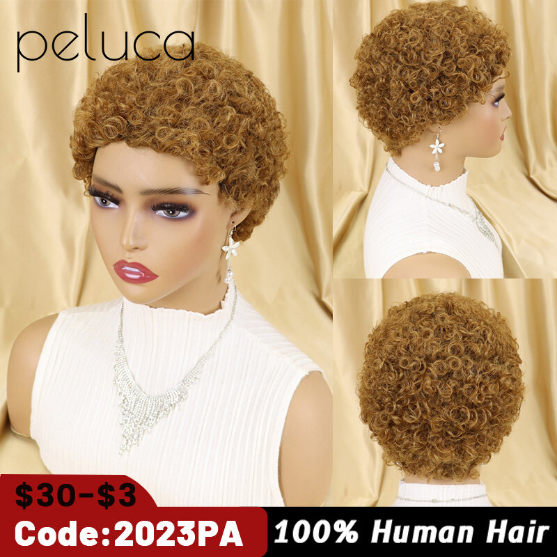 Peluca de cabello humano brasileño para mujeres negras, pelo corto rizado con corte Pixie, sin pegamento, Afro, sin pegamento, color negro y marrón