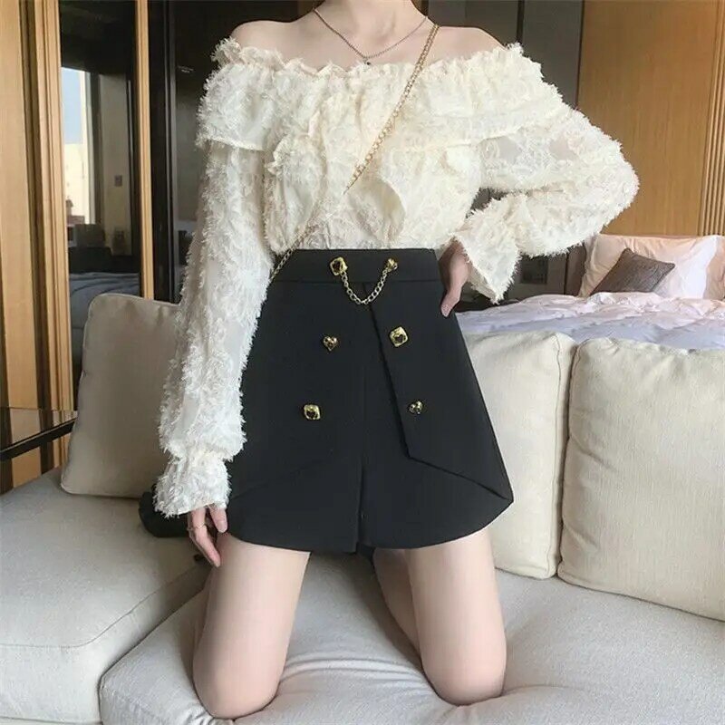 JOSpliced-Shorts coréens pour femmes, vêtements pour femmes, pantalons taille haute assortis, ligne A, bouton de mode chic, document solide, été